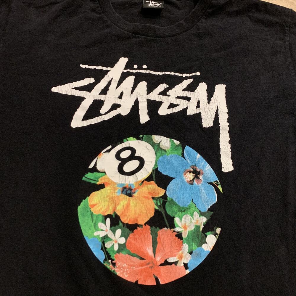 Vintage Stussy Floral 8-Ball T-Shirt Mens Medium M Black Eight Ball Graphic Logo - Picture 2 of 7